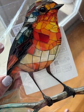 Source Unknown Stained-Glass Style Bird Decal in Orange, Red, Brown and Blue